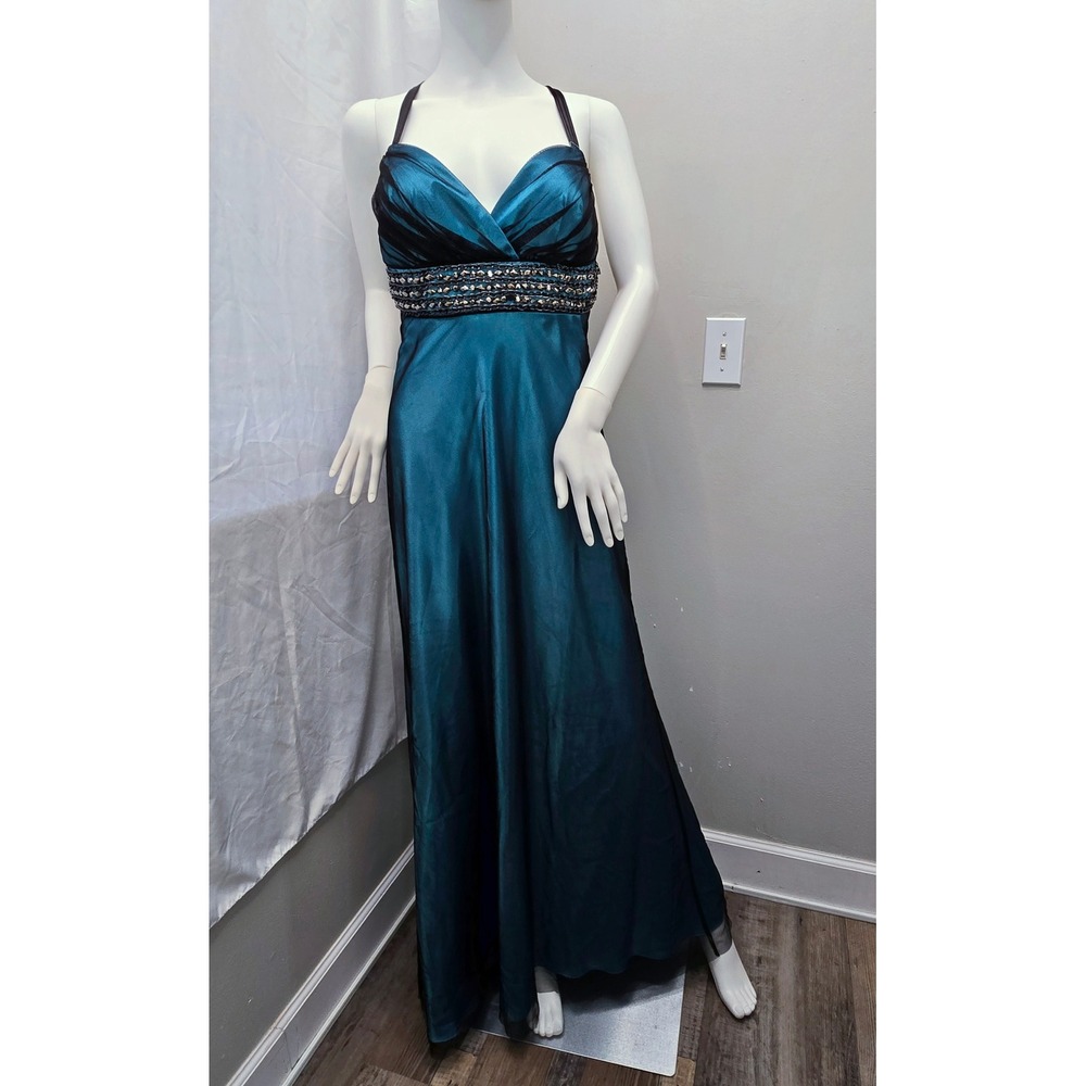 Betsy & Adam Teal Beaded Open Back Prom Dress Sz 14 Formal Evening Gown NWT